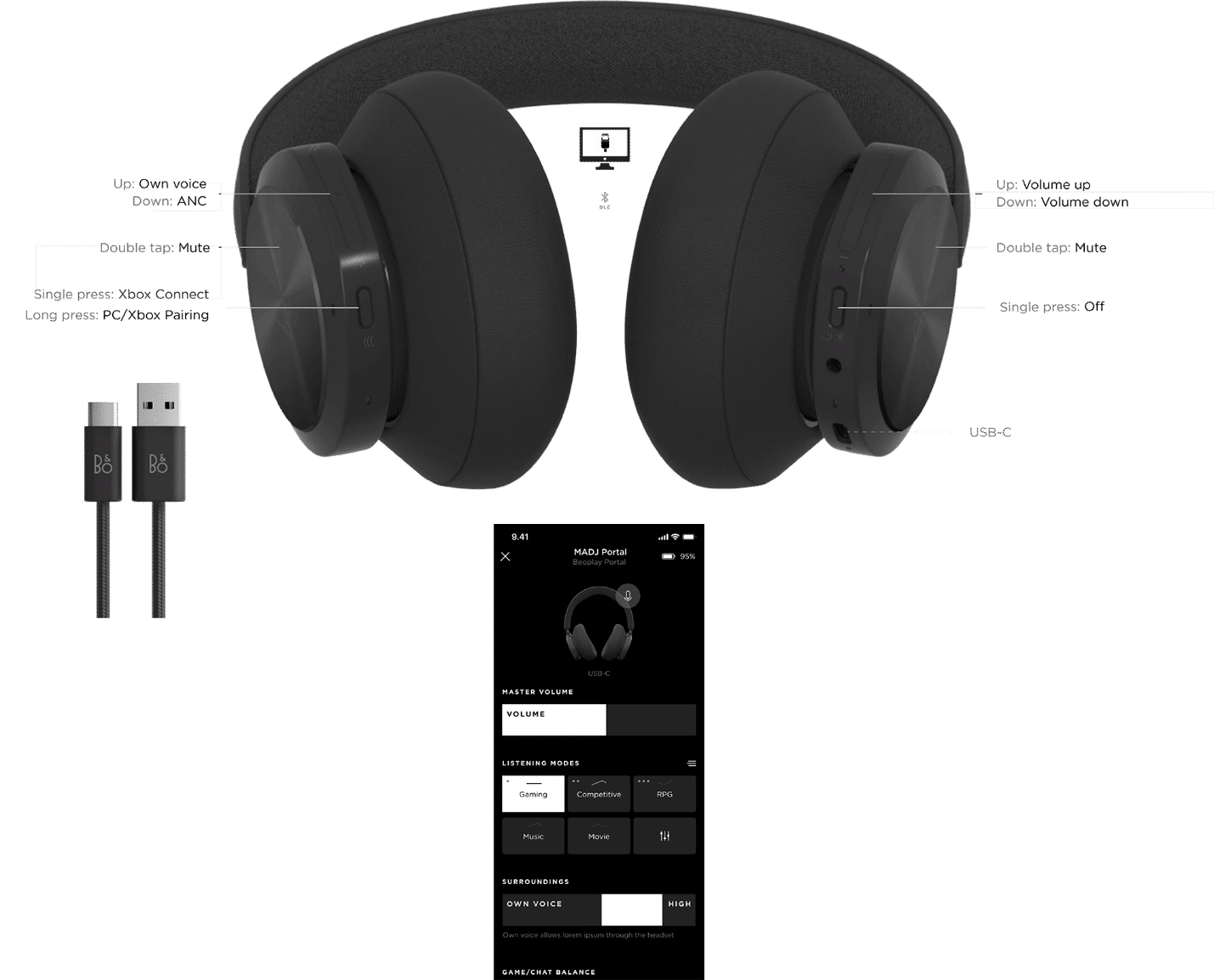 B&O Beoplay Portal สำหรับการเล่นเกมแบบมีสาย (USB-C ไปยัง PC)